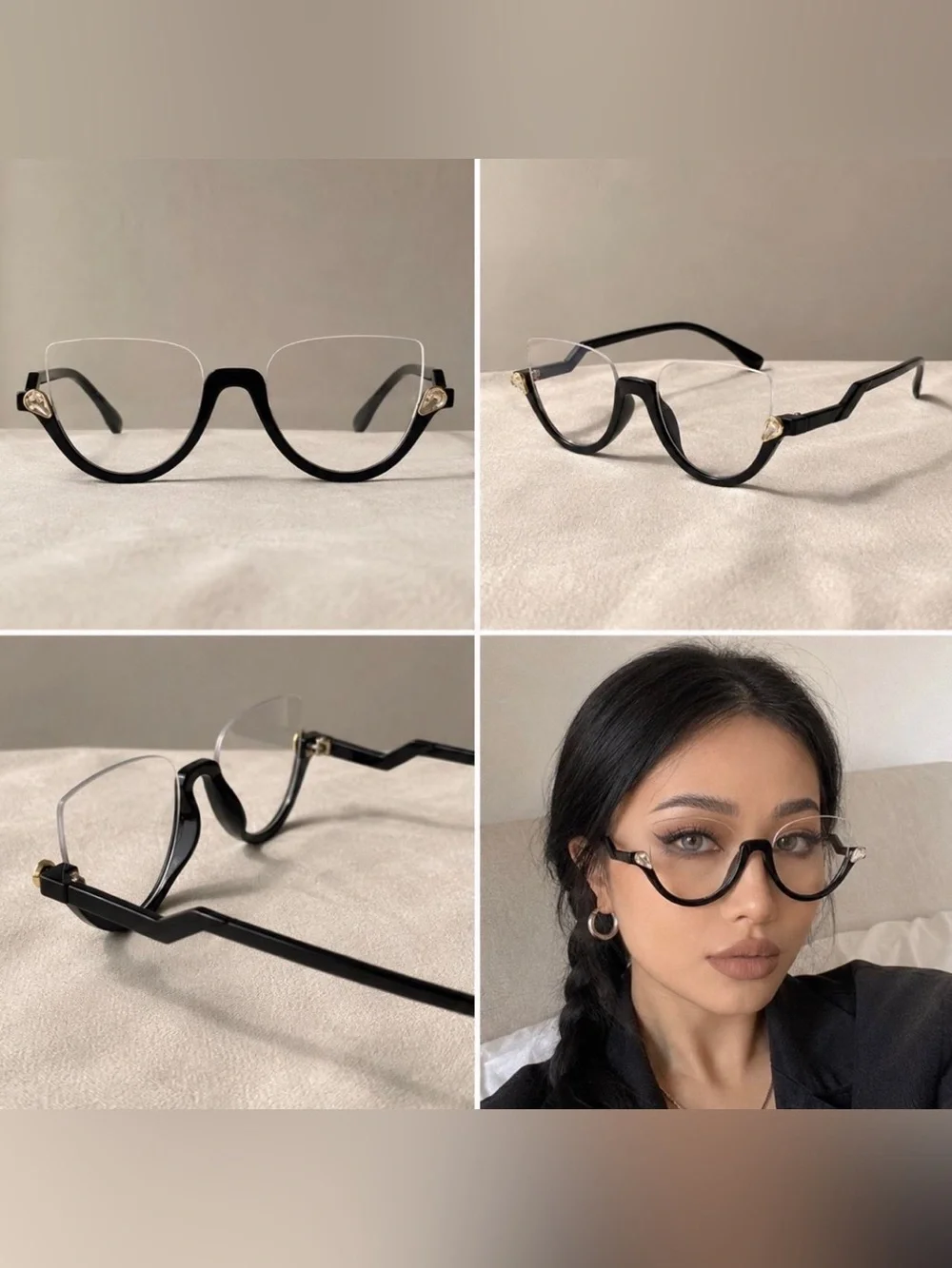 Women’s Cat Eye Clear Lens Fashion Eyeglasses Black Semi Rimless